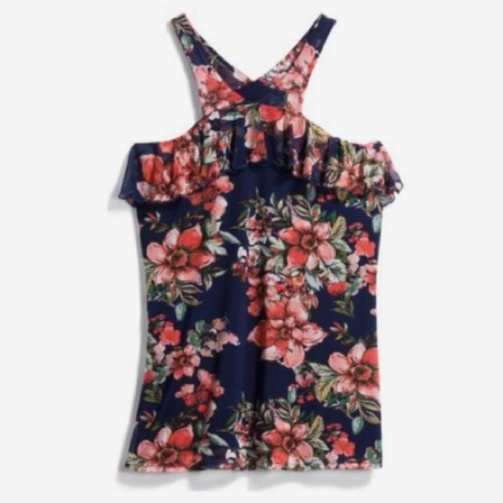 Stitch Fix Montagne Oudrey Ruffle Halter Mesh Knit Top, Floral, M